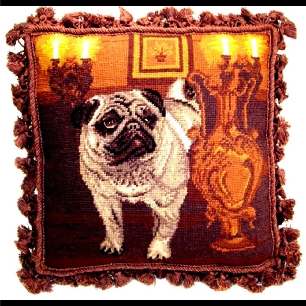 Pug Dog Needlepoint
Fancy Fringed Pillow